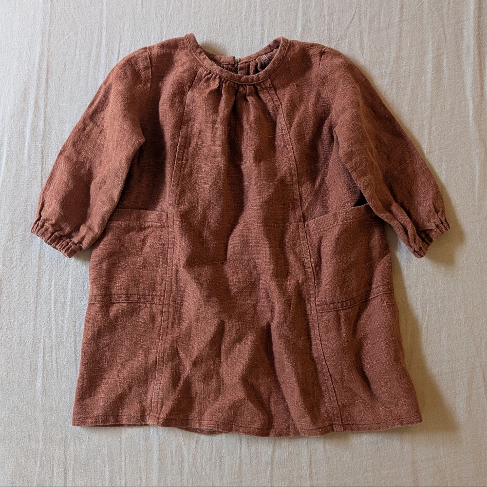 Kids Brown/Red Long Sleeve Linen Dress